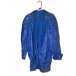 San Lorenz Womens Blazer Jacket Coat Leather Snap Long Sleeve Pocket Blue 40